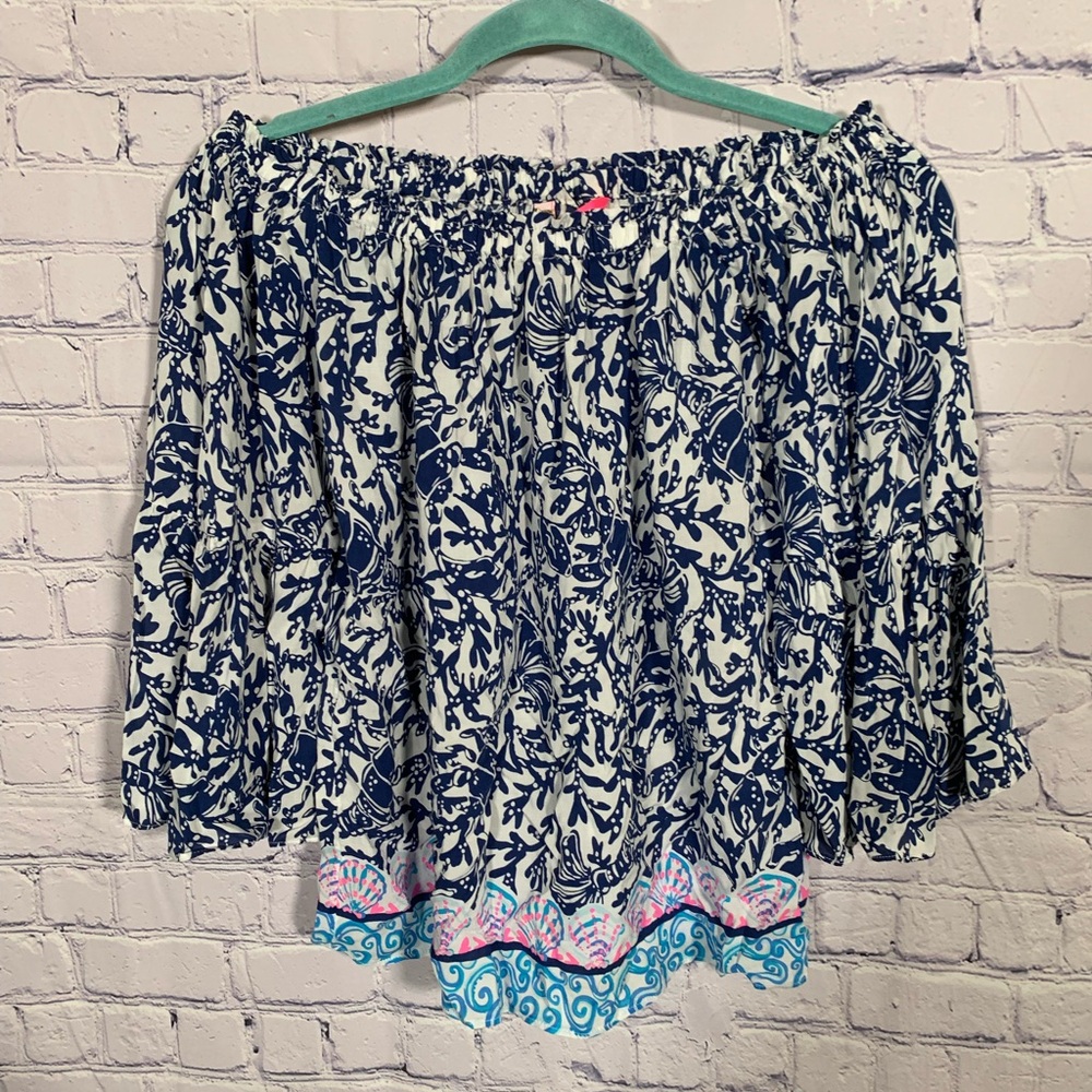 Lilly Pulitzer Nevie Off-the-Shoulder Top Floral Blue Sz XXS Bell Sleeve Preppy